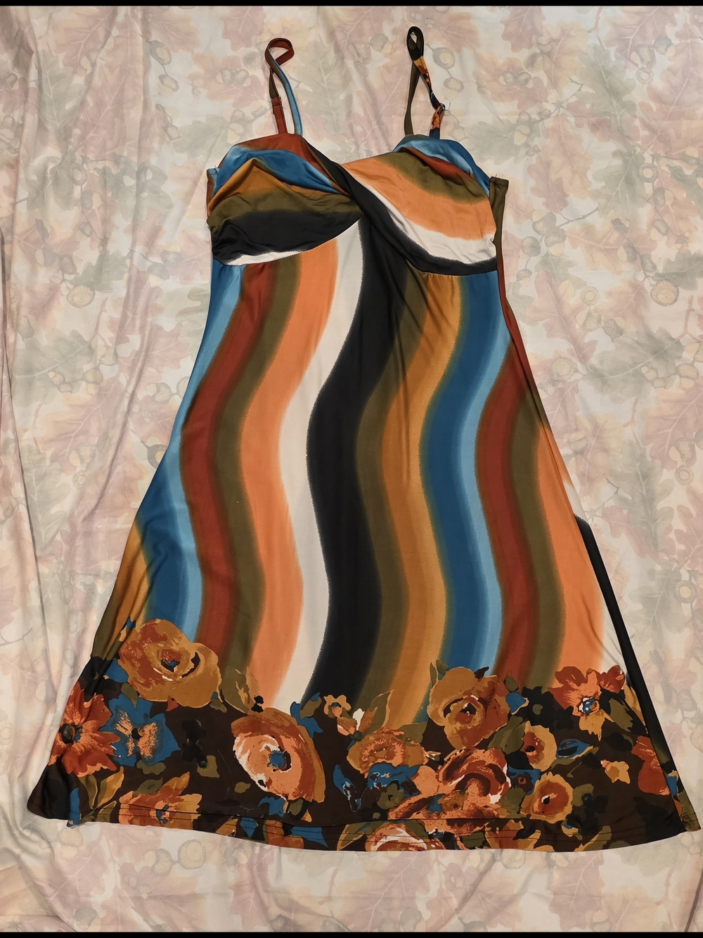 Striped & Floral Midi Slip Dress in Orange, Blue, Black